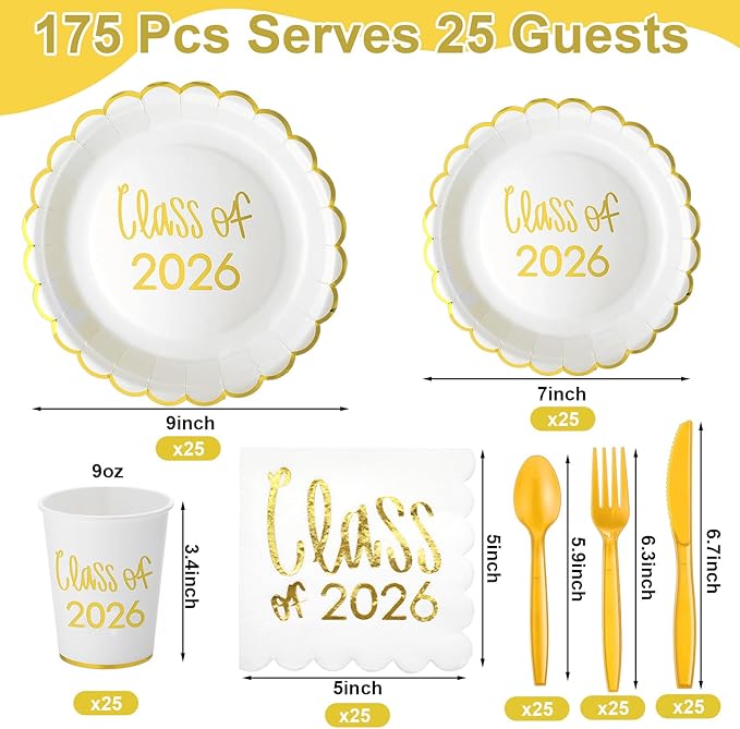Class of 2026 Graduation Party Supplies, 175 Pcs Congrats Grad Paper Plates Napkins and Cups Cutlery Disposable Tableware Set for College High School Congrats Decorations, Serves 25 (Gold)