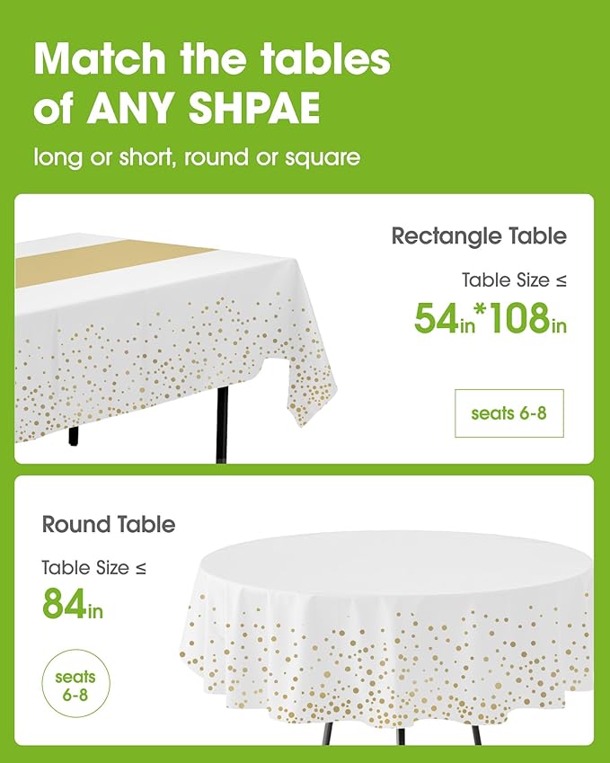Pureegg Plastic Table Cloth Disposable 8 Pack, 54 x 108 Inch, Table Runner Style, Graduation Decorations 2026, Party Tablecloths, Rectangle, Plastic Cover, Leakproof & Sturdy, White Gold