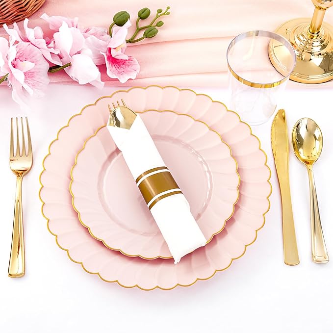 YOUBET 350PCS Pink Scalloped Plastic Plates - Pink and Gold Disposable Dinnerware Set Include 100 Plates, 150 Gold Silverware, 50 Cups, 50 Napkins for Wedding & Party Easter Mothers Day