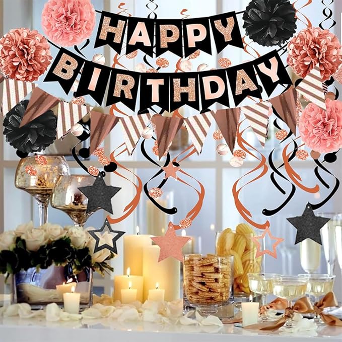 Birthday Decorations, Happy Birthday Banner with Honeycomb Balls, Stars Hanging Swirl Streamers, Buntings Circle Dots Garland, Party Decorations for Women Men Boys Girls (Rose Gold & Black)
