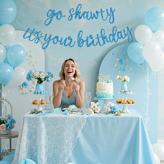 BEISHIDA Go Shawty It's Your Birthday Banner NO DIY Hip Hop Theme Happy Birthday Banner Pre-Strung Rap Theme Happy Birthday Sign for Man Women birthday Party Supply Glitter Sky Blue