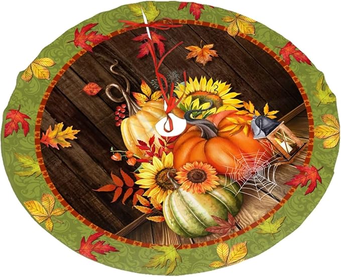 Fall Tree Skirt 48 inch, Thanksgiving Halloween Christmas Tree Skirts Ornaments Decorations, Pumpkin Maple Leaf Spider Web Design for Xmas Party Indoor Outdoor Decor
