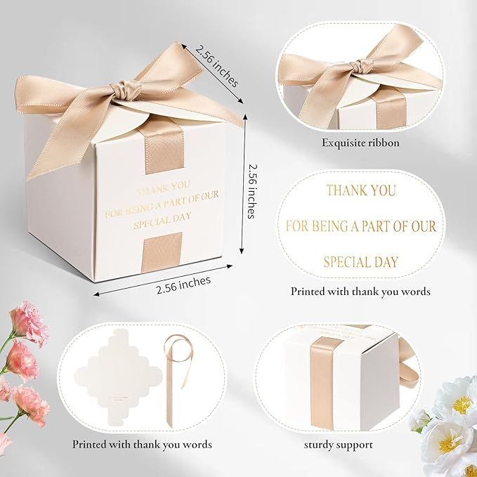 Marspark 50 Pcs Wedding Favor Boxes, 2.5 x 2.5 x 2.5 Inch Wedding Party Candy Boxes with Ribbons Bridal Gift for Guests Bridal Shower Birthday Party Anniversary Supplies(Gold)