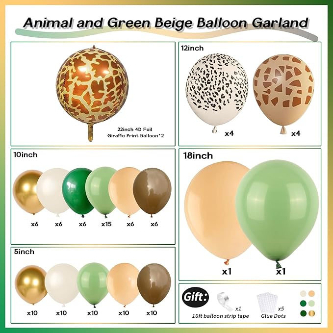 Jungle Safari Balloon Arch Garland Kit, Sage Olive Green Brown Beige with Animal Print Wild One Ballons, Giraffe Balloon for Kids Safari Baby Shower Forest Woodland Theme Birthday Party Decorations