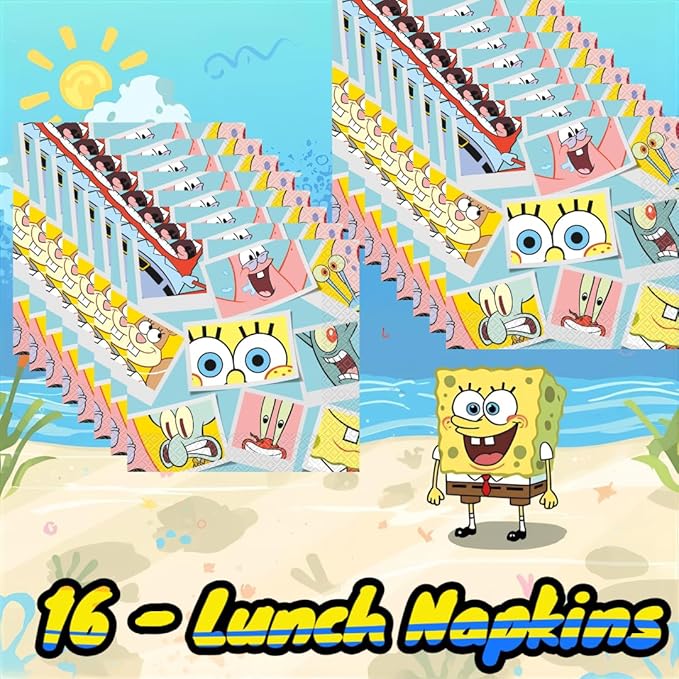 SpongeBob SquarePants Party Supplies Set, Square Plates in 9" and 7" sizes, Napkins, Tablecover with Confetti, Blue Yellow Theme, Serves 16 Guests at your Spongebob Birthday Party