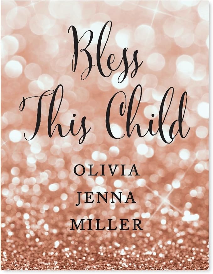 Andaz Press Personalized Baptism Party Signs, Glitzy Rose Gold Glitter, 8.5x11-inch, Bless This Child, Olivia Jenna Miller, 1-Pack, Bokeh Colored Party Supplies, Custom Name