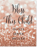 Andaz Press Personalized Baptism Party Signs, Glitzy Rose Gold Glitter, 8.5x11-inch, Bless This Child, Olivia Jenna Miller, 1-Pack, Bokeh Colored Party Supplies, Custom Name
