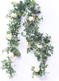 PARTY JOY 6.56ft Eucalyptus Garland with Flowers-8 Champagne Roses-Lush,Natural Looking, Floral Garland Greenery for Party Wedding Table Indoor Outdoor Backdrop Wall Decor（Champagne,1）