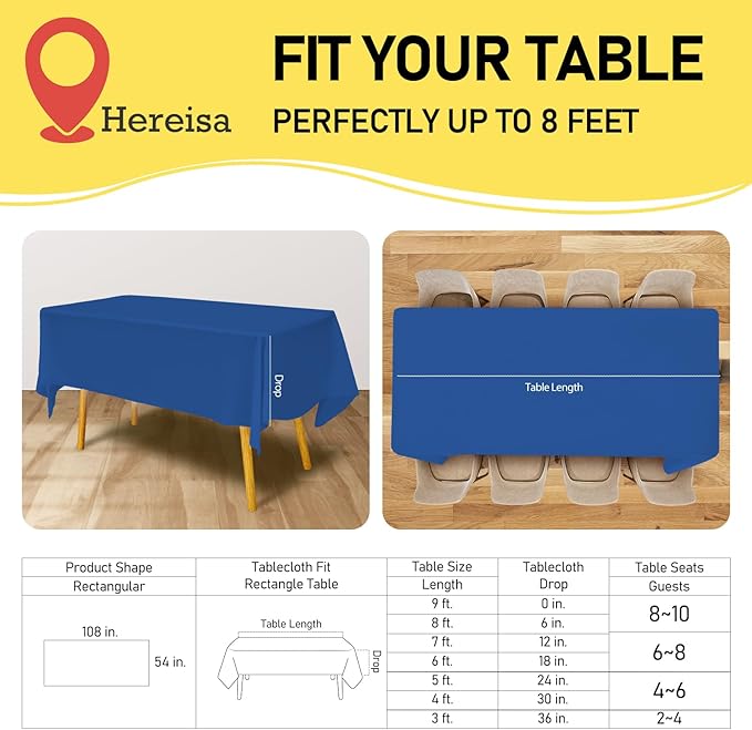 Royal Blue Plastic Tablecloths 2 Pack Disposable Table Covers 54 x 108 Inch Baby Party Tablecovers PEVA Vinyl Dark Table Cloths for Parties Picnic Birthday Wedding's 8 ft Rectangle Table Use