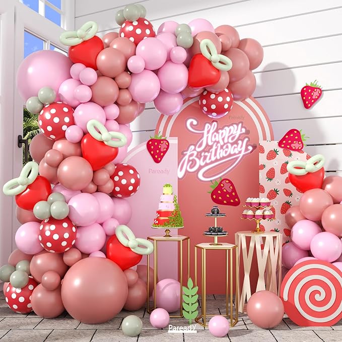 Red Pink Balloon Arch Kit, 120pcs Straw berry Balloon Garland Kit With Red Heart Latex Balloons Polka Dot Balloons For Straw Berry Theme Birthday Baby Shower Party Wedding Bachelorette Anniversary
