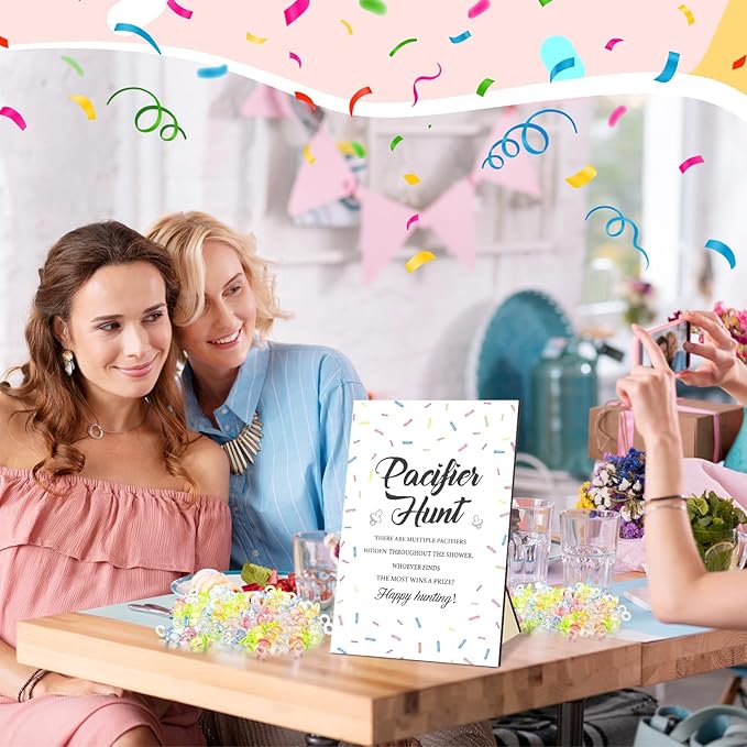 Thyle 51 Pcs Confetti Sprinkle Baby Shower Games It's a Baby Sprinkle Party Decoration Pacifier Hunt Sign and 50 Acrylic Pacifiers Rainbow Confetti Sweet Donut Gender Reveal Party Decor