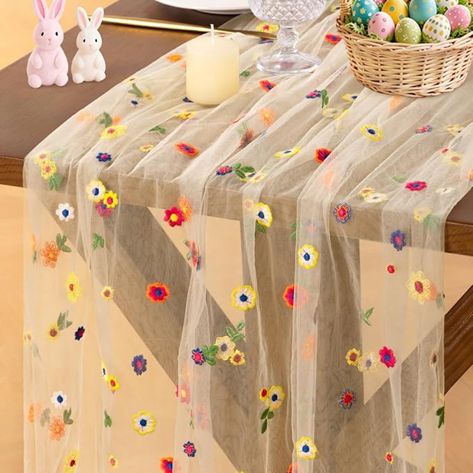 Socomi Champagne Embroidery Daisy Spring Easter Floral Wildflower Tulle Gauze CheeseclothTable Runners for Wedding Party Baby Shower Birthday Holiday Picnic Home Decor 1pc