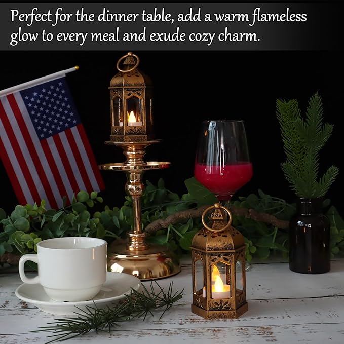 LLQ 8Pcs Mini Lantern with LED Tealight, Vintage Brown Lanterns Decorative, Hanging Candle Lanterns for Halloween Christmas Wedding Table Centerpiece Indian Decor, Garden Fairy Party Decorations