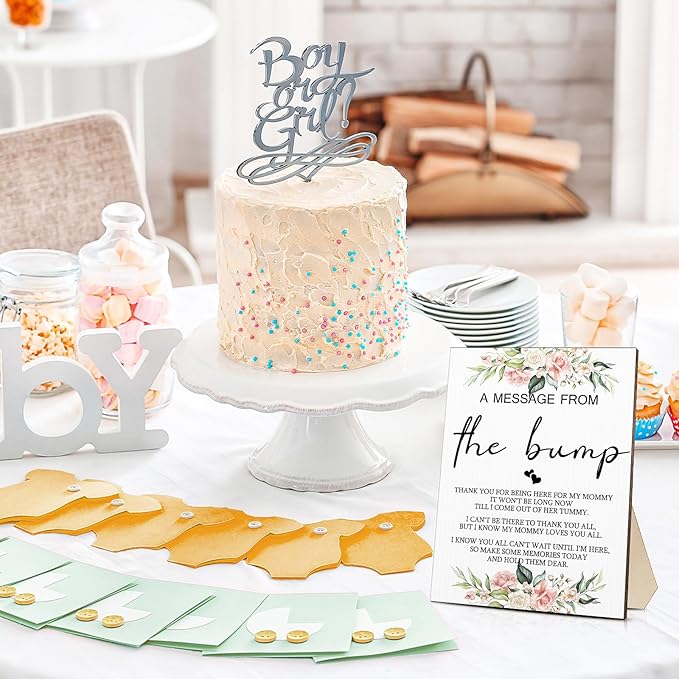 Roowest Cool Baby Shower Tabletop Decoration a Message from the Bump Wooden Baby Shower Games Sign Greenery Cute Gender Reveal Party Thank You Sign, 11.2 x 8.66 Inches(Floral)