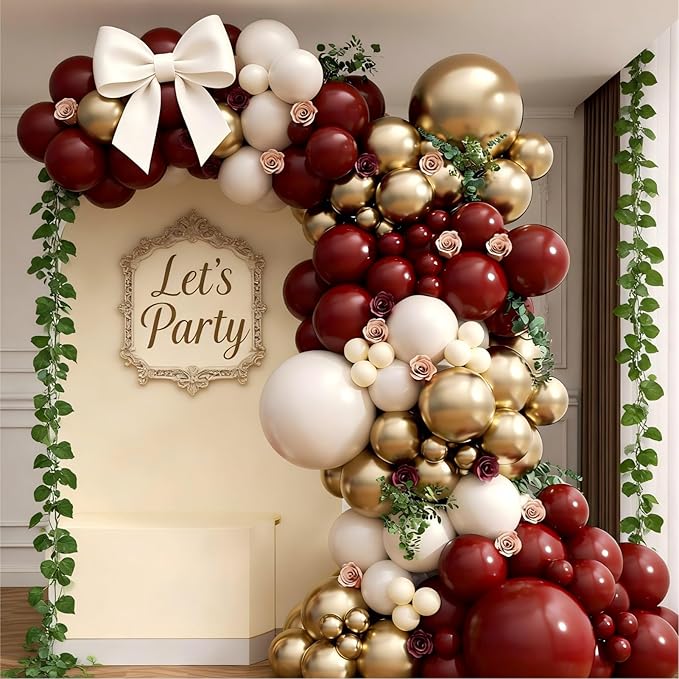 160Pcs Burgundy Balloon Garland Arch Kit with Burgundy Maroon Sand White Metallic Gold Nude Balloons for Bridal Shower Wedding Graduation Birthday Party Decorations