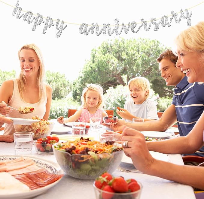 Silver Glitter Happy Anniversary Banner, Party Decorations for Wedding Anniversary Party