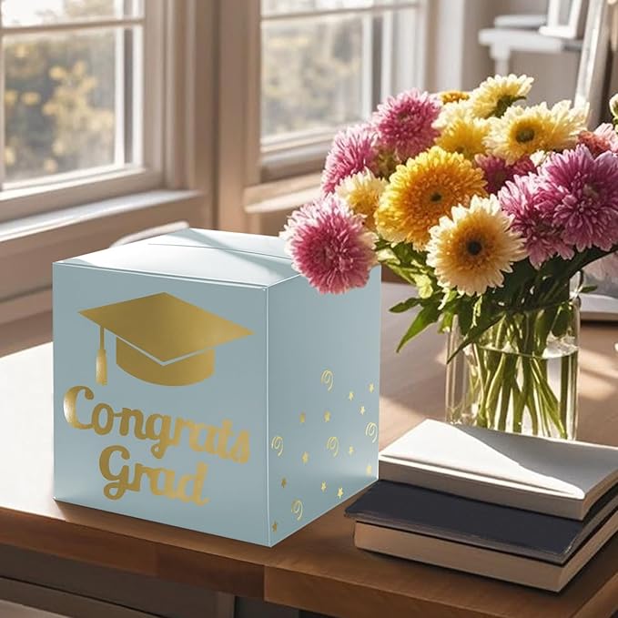 Graduation Card Box Holder, Congrats Grad Foldable Cardboard Decorations Box for Graduation Party Decoration and Grad Parties (Breyish Blue)