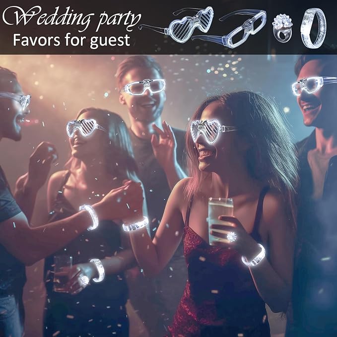 50Pcs White Wedding Party Supplies Set 10 LED Flashing Glasses 20 Light up Bracelets and 20 LED Blink Bumpy Rings Glow In Dark Romantic Valentine's day Neon Party Decorative Accessories