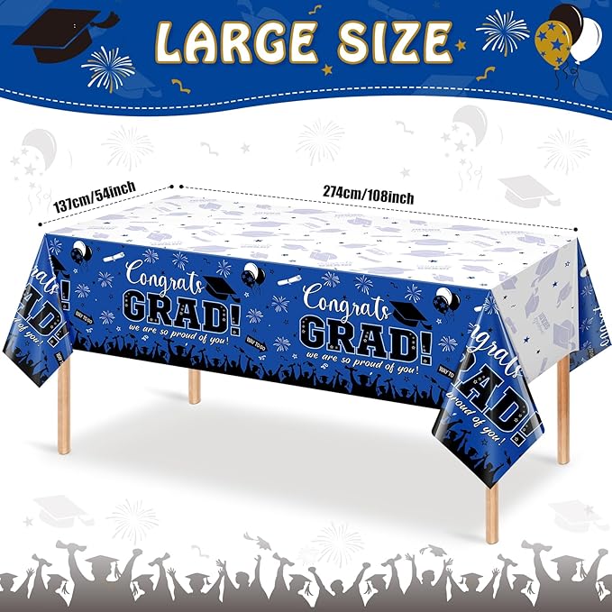 12 Pack Graduation Tablecloth Party Decorations, Class of 2026 Congrats Grad Plastic Tablecover Party Supplies, Blue Rectangle Graduation Table Decorations for College High School Party, 54 x 108 Inch
