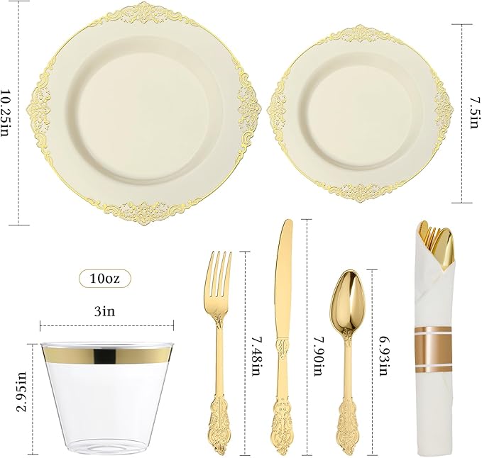 175PCS Ivory Plastic Plates for 25 Guests Disposable Dinnerware Sets Include 50 Plastic Plates, 25 Silverwares, 25 Cups, and 25 Pre Rolled Napkins for Party, Wedding and Graduation
