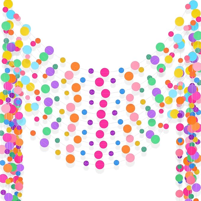 Outus 10 Pieces Colorful Dots Paper Garland Easter Decor Round Glitter Hanging Confetti Streamers Backdrop for Spring Birthday Classroom Halloween Trunk or Treat Car Decoration (Rainbow)
