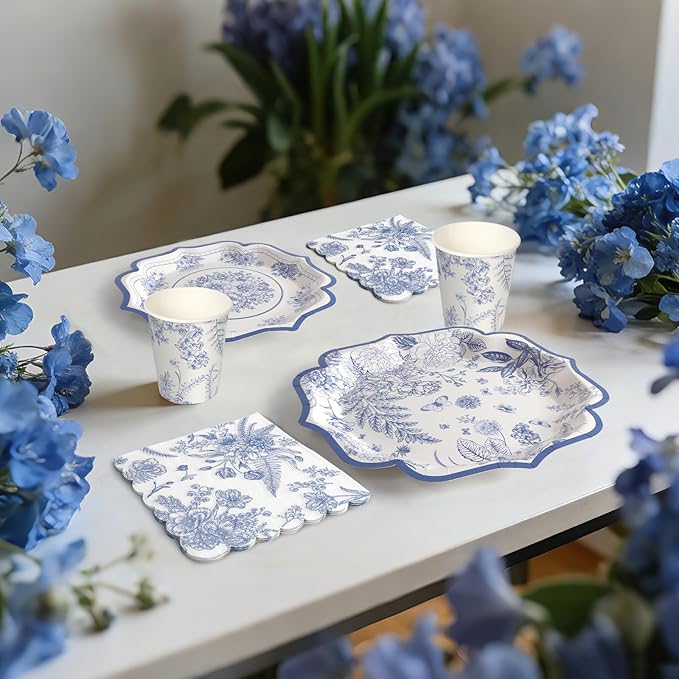 96pcs Blue and White Floral Paper Plates - Blue Flower Party Plates, Cups and Napkins Serve for 24 Baby Shower Spring Garden Birthday Wedding Tea Party Supplies Decorations