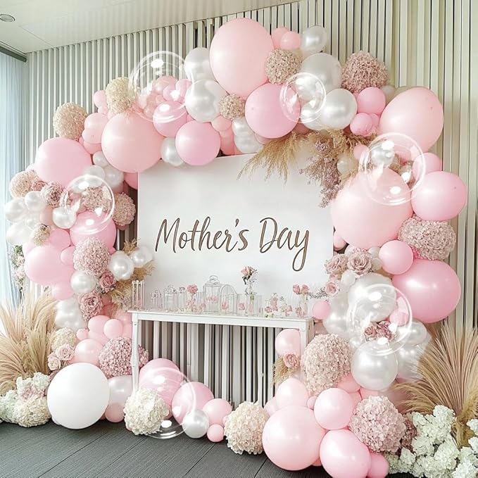 Pearl Pink White Balloon Arch Double Stuffed Pastel Light Pink White Cream Balloon Garland Kit with Bobo Balloons for Birthday Wedding Bridal Baby Shower Mother's Day Bachelorette Party Decor