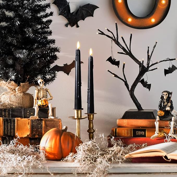 Black Flameless Taper Candles with Remote and Timer - 9.65 Inch Real Wax LED Candlesticks - Wax Drip Battery Operated Halloween Taper Candles with 3D Flickering Flame Halloween Decor, 6 Pack