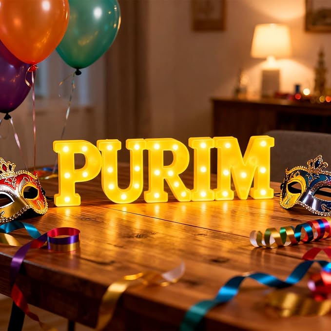 Honoson 5 Pcs Happy Purim Party Decorations Purim Light up Neon Lights Sign for Jewish Carnival Party Indoor Outdoor Table Wall Decorations Activity Supply
