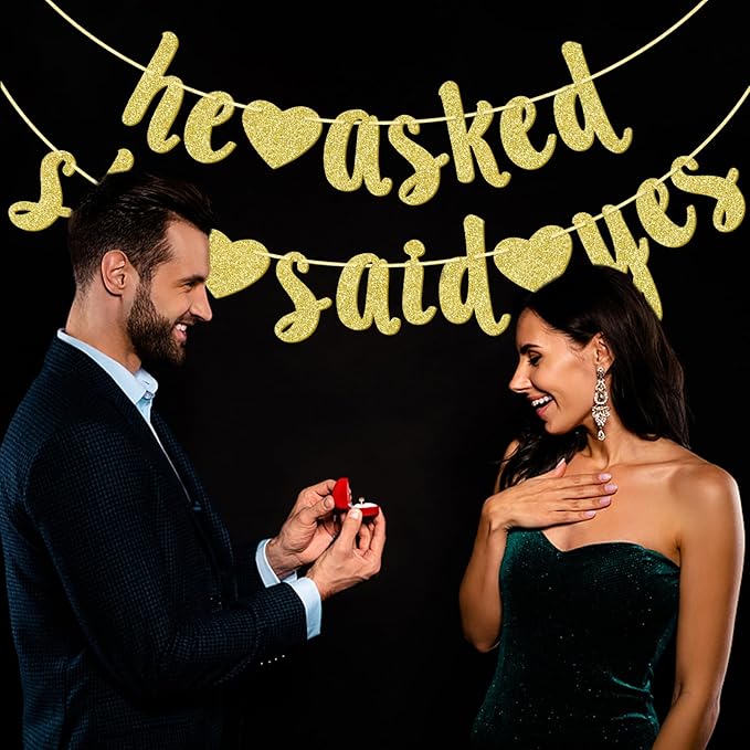 He Asked She Said Yes Gold Glitter Banner - Wedding, Engagement, Bridal Shower Party Decorations