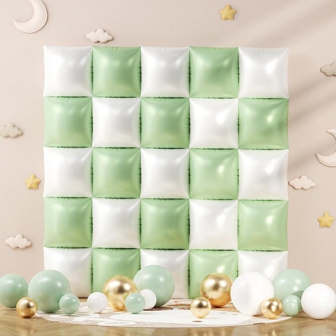 152Pcs Sage Green and White Foil Square Balloon Wall Backdrop with Sage Green White Gold Latex Balloons Arch Garland Kit, Double Sided Balloon Tunnel for Baby Shower Gender Reveal Party Decoration