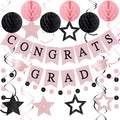 Congrats Grad Banner 2026 Graduation Decoration with Hanging Swirl Honeycomb Ball Circle Garland Grad Party Supplies for College Senior High School Classroom Decor (Pink and Black)