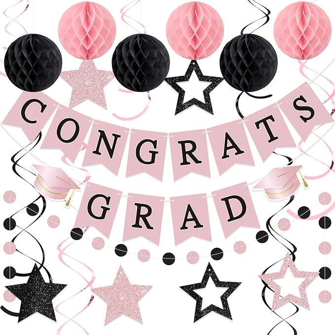 Congrats Grad Banner 2026 Graduation Decoration with Hanging Swirl Honeycomb Ball Circle Garland Grad Party Supplies for College Senior High School Classroom Decor (Pink and Black)
