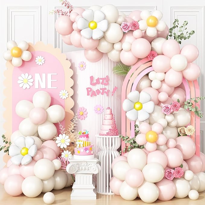 Daisy Balloon Garland Arch Kit,Macaron Pastel Pink Sand White Boho Groovy Party for Baby Shower Floral Theme Birthday Wedding Two Groovy Party Decorations