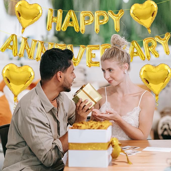 2 Set 16Inch Happy Anniversary Balloons Letters Banner, Happy Anniversary Decorations, Happy Anniversary Balloons Sign for Valentines Day/Wedding Anniversary Party Decorations (Gold Happy Anniversary)
