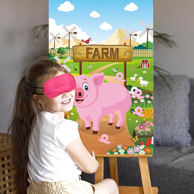 Hooqict Pin The Tail on The Pig Party Game Farm Birthday Party Games for Kids Farm Animal Party Decorations Pig Party Supplies, Large Pin The Tail Game Poster with 36 Tail Stickers