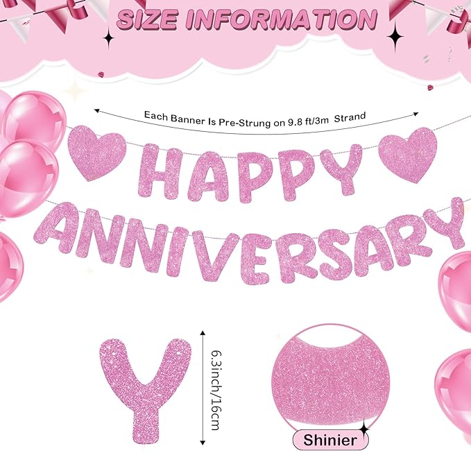 Fulmoon Happy Anniversary Banner Glitter Happy Anniversary Decorations Wedding Party Banner Romantic Decorations No DIY Pre-strung for Wedding Party Birthday Door(Pink)