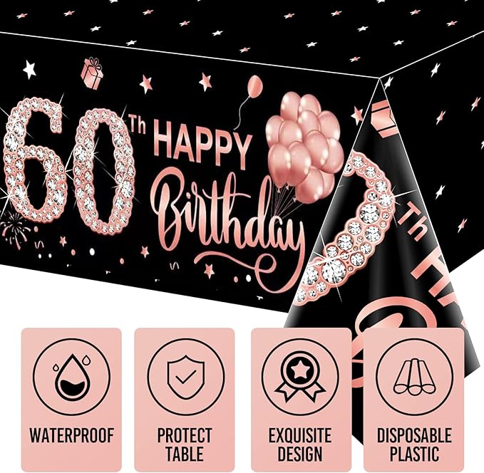 3 Pack Pink Rose Gold 60th Birthday Tablecloth Decorations - Happy Sixty Theme, Plastic Disposable Rectangular Table Cloth Decor