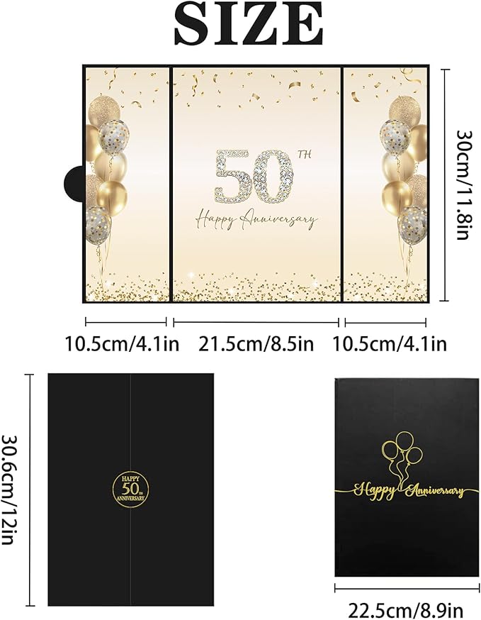 DARUNAXY Black Gold 50th Anniversary Party Decorations, Happy 50th Anniversary Alternative Signature Guest Book for Parents Cheers to 50 Years Gifts 50 Anniversary Signing Card Board Party Supplies
