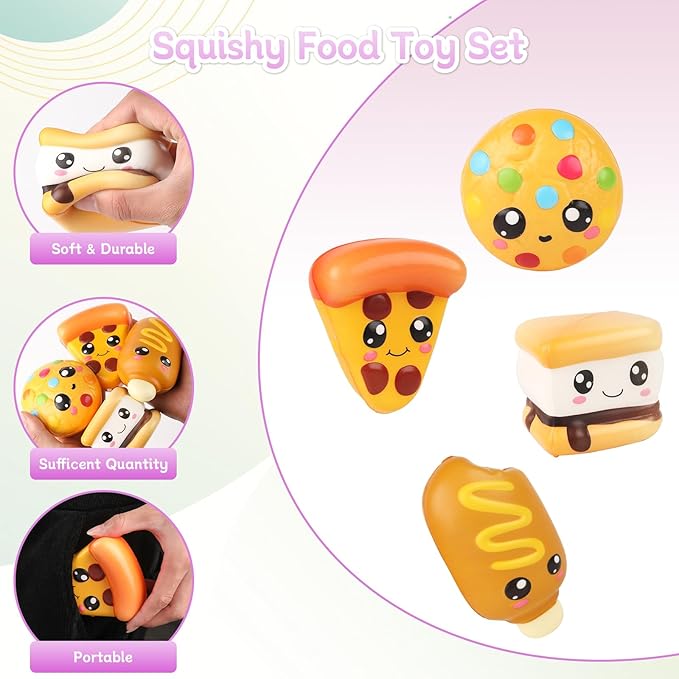 4 Pcs Slow Rising Food Toys for Kids, Kawaii Foam Squishy Toys in Smore Bread Hot Dog Pizza Cake Stress Relief Squeeze Toy for Holiday Carnival Goodie Bag Stuffers