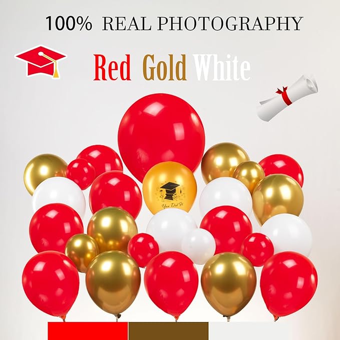 Red Graduation Balloon Garland Arch Kit 115PCS with Graduation Star print Certificate Letter Mylar Foil Balloons for Graduate Class of 2026 Grad Prom party Decorations Supplies (Red Gold White)