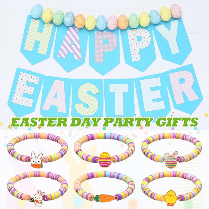 Tondiamo 30 Pcs Easter Party Bracelets Gifts Bulk Easter Bunny Egg Chick Carrot Polymer Clay Beaded Bracelets Bulk for Party Supplies Basket Stuffers Egg Fillers Gifts