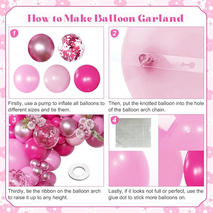 Pink Balloon Arch Kit, Hot Pink Balloons Garland Arch Kit Metallic Marcaron Pink Confetti Balloons for Bridal Shower Wedding Birthday Valentines Day Party Decorations