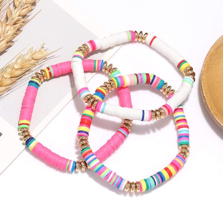 Surfer Heishi Bracelets for Women Stackable Rainbow Vinyl Disc Clay Beaded Stretch Bracelets Elastic Layering Friendship Bracelets Boho Summer Beach Jewelry