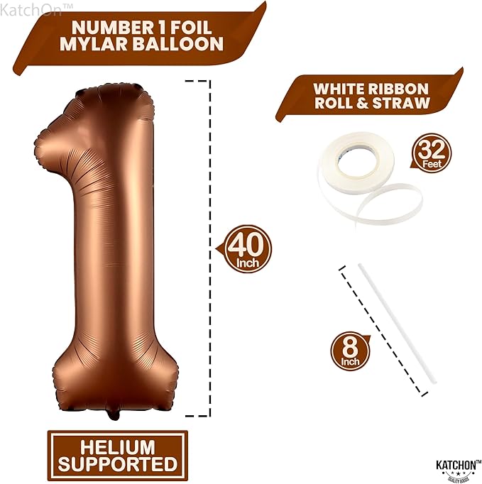 KatchOn, Brown 1 Balloon Number - 40 Inch, Helium Supported | Foil Brown One Balloon for Safari brown Birthday Decorations | One Happy Camper Balloons | Anniversary Decorations