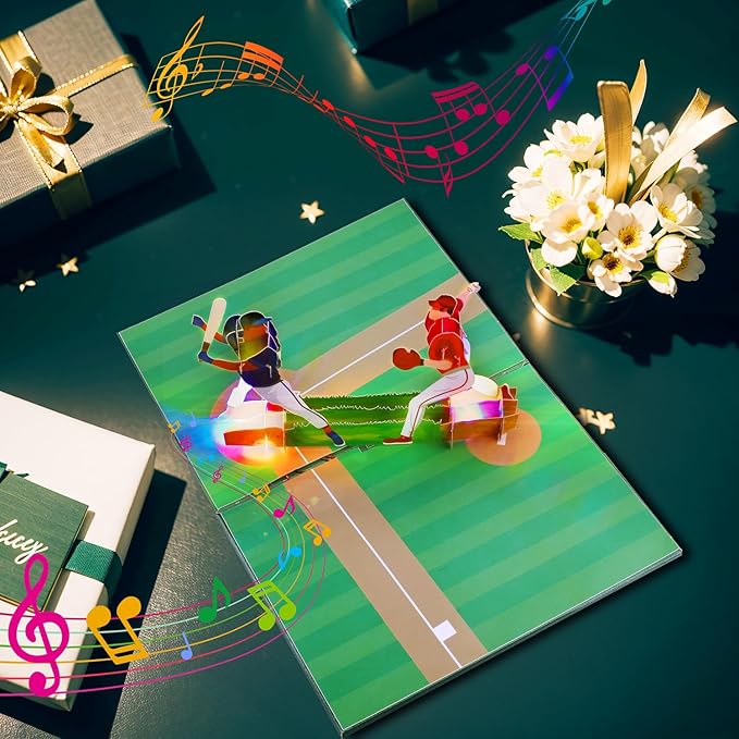 Magic Ants Musical 3D Pop-Up Baseball Card, Plays "Happy Birthday to You" Tune, Light-Up Baseball Scene with Batting & Pitching Players, Interactive Greeting Card for Baseball Fans, Players, Coaches, Collectors