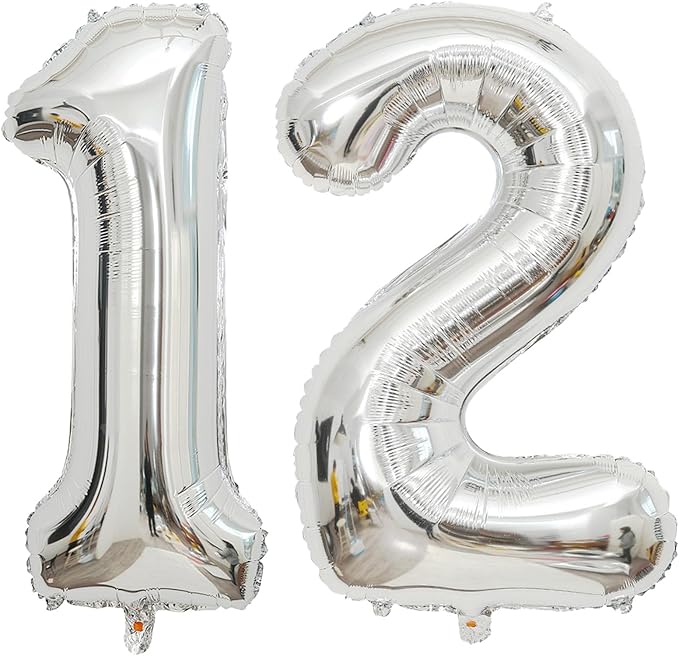 Large Silver 12 Number Balloons, 40 Inch Jumbo Number 12 Balloon, Silver Foil Mylar Balloons for Girl Sweet 12th/21th Birthday Party, Anniversary Decorations