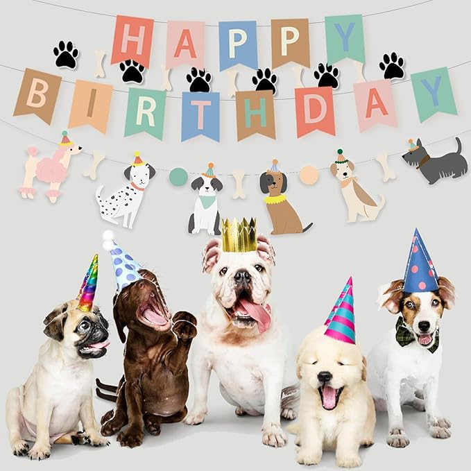 Dog Theme Happy Birthday Banner with Cute Paw Banner,Dog Sign for Party Birthday Party Decorations