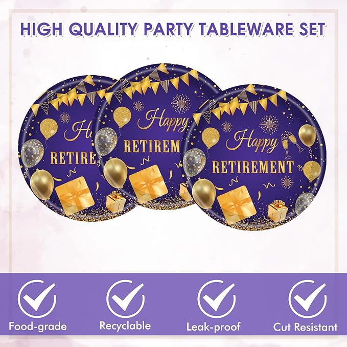 40PCS Retirement Party Decorations Women,Retirement Party Plates and Napkins Set Purple Golden Disposable Dinnerware Tableware Decorations Supplies Favors | Serve 20