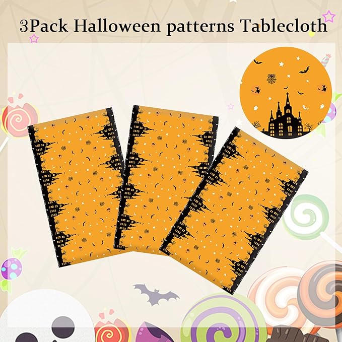 Halloween Tablecloth Halloween Decorations, 3 PCS Disposable Plastic Tablecloth Castle Bats Spider Web Rectangular Table Cover for Halloweens Party Favors Supplies Indoor Tables Decor 108 x 54 Inch